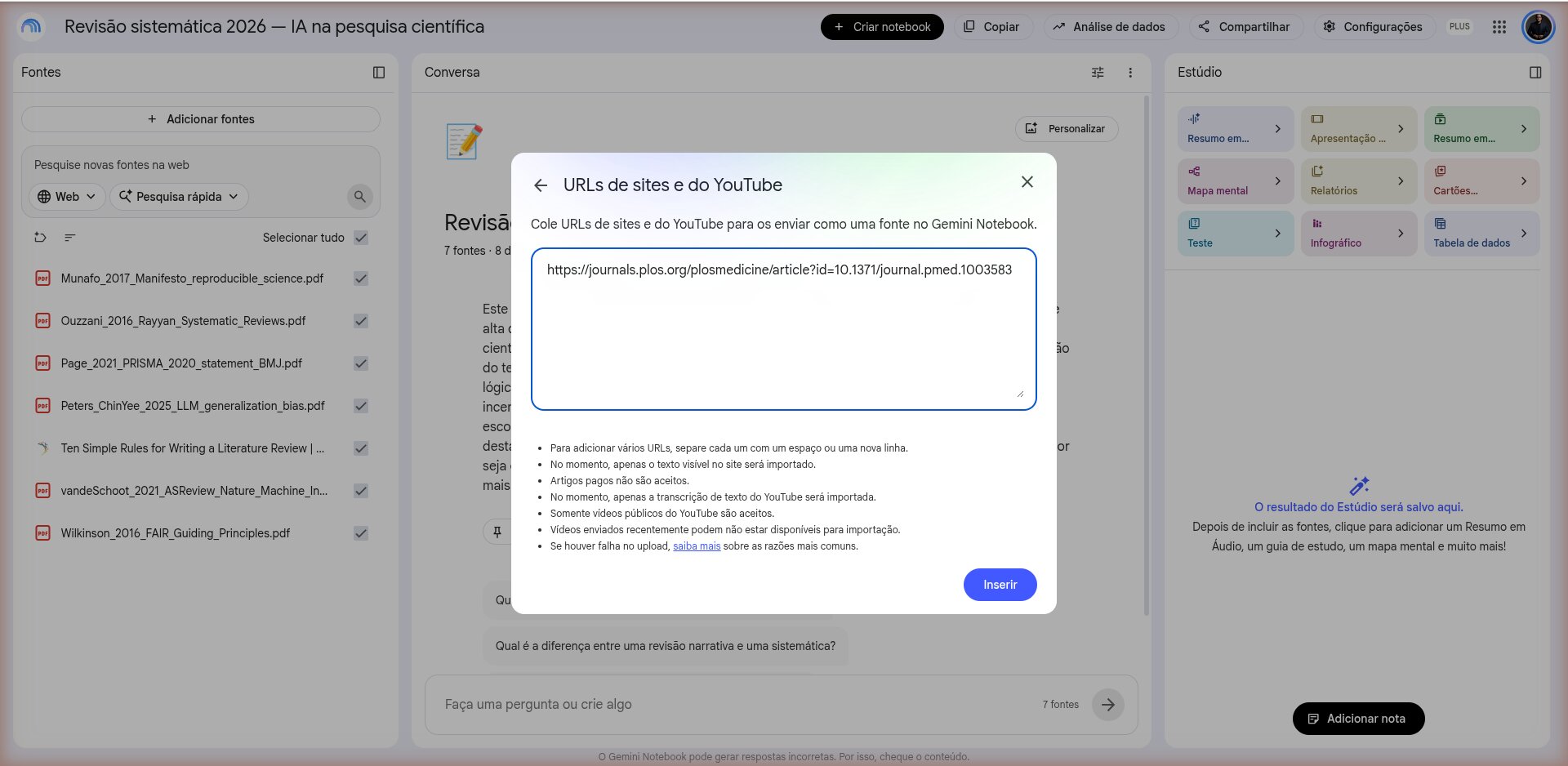 Caixa Sites do diálogo Adicionar fontes com URLs de páginas e de vídeos do YouTube coladas