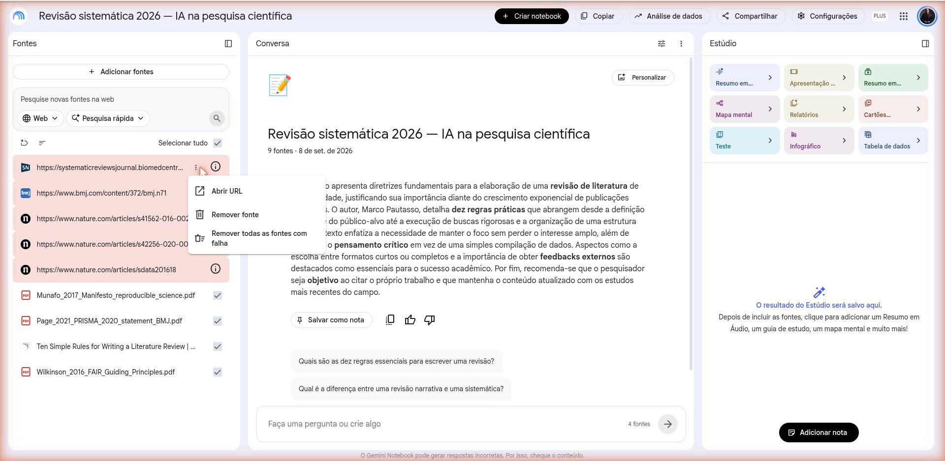 Lista de fontes com URLs de editoras marcadas com erro e o link Informações do erro