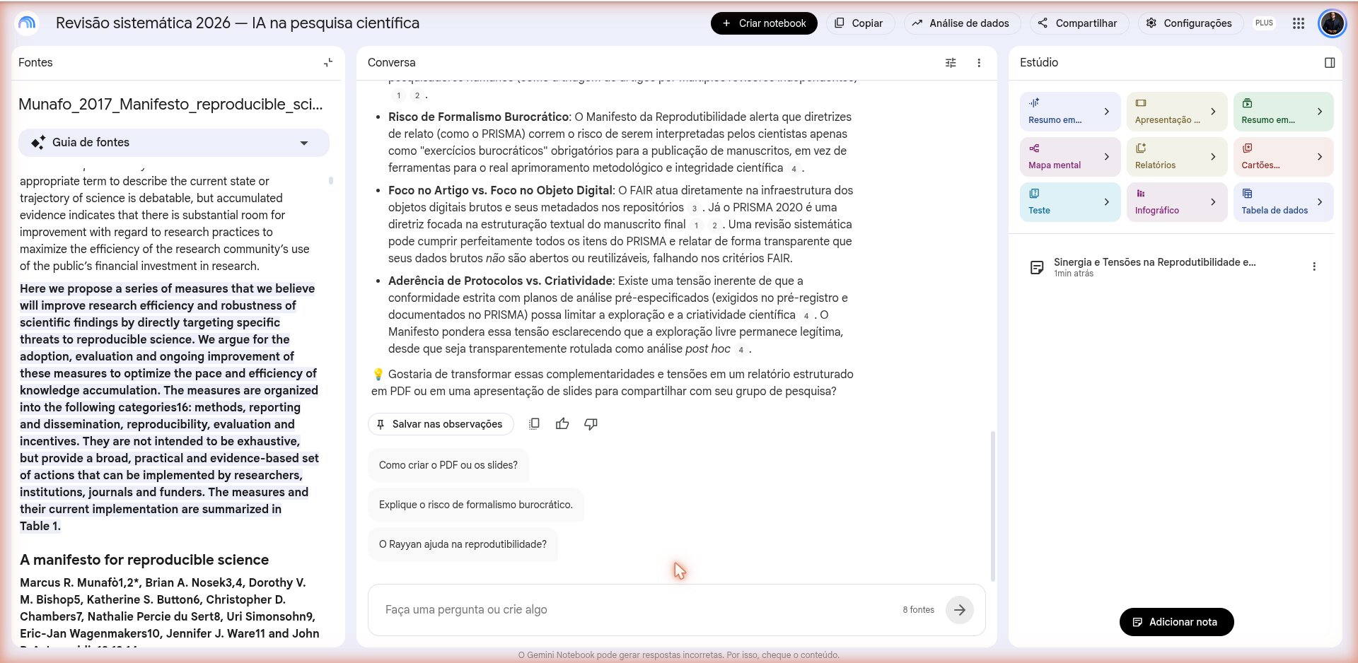 Botão Salvar como nota abaixo de uma resposta e a nota criada no painel Estúdio