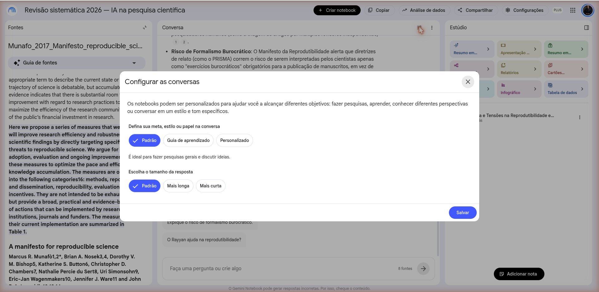 Painel Opções de conversa com o estilo de conversa e o tamanho da resposta