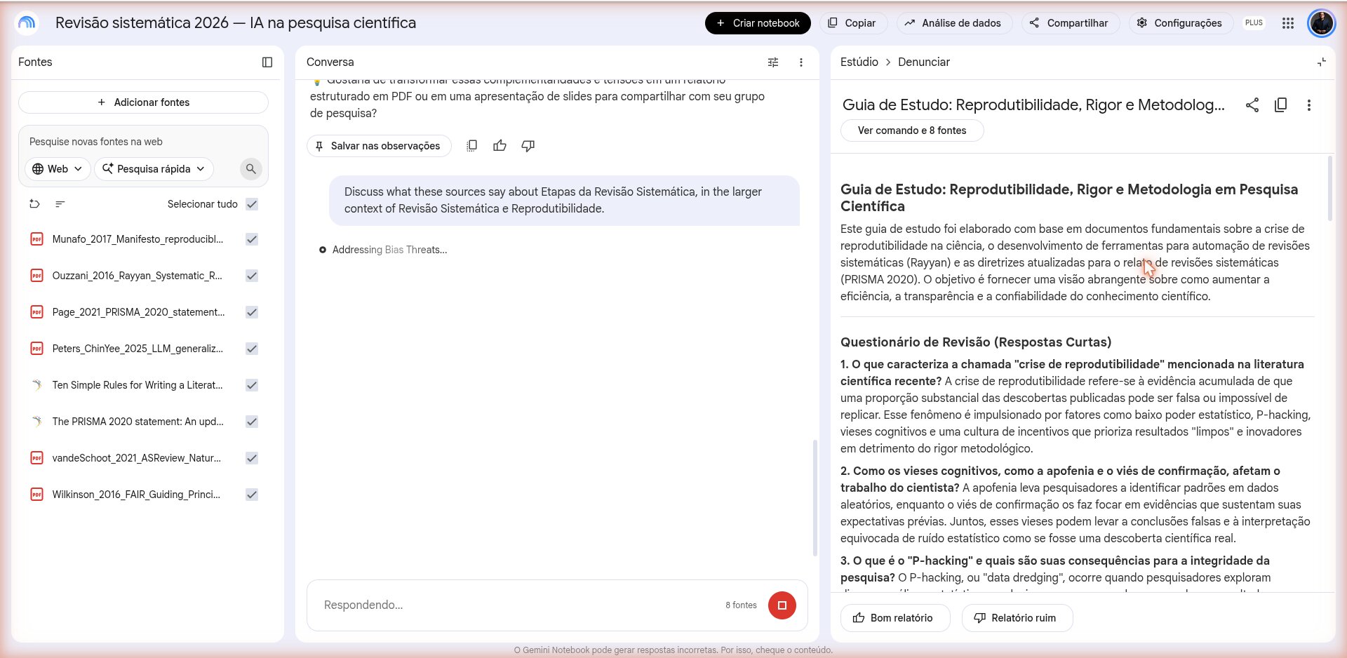 Escolha do tipo de relatório: FAQ, guia de estudo, documento de briefing e sugestão da IA