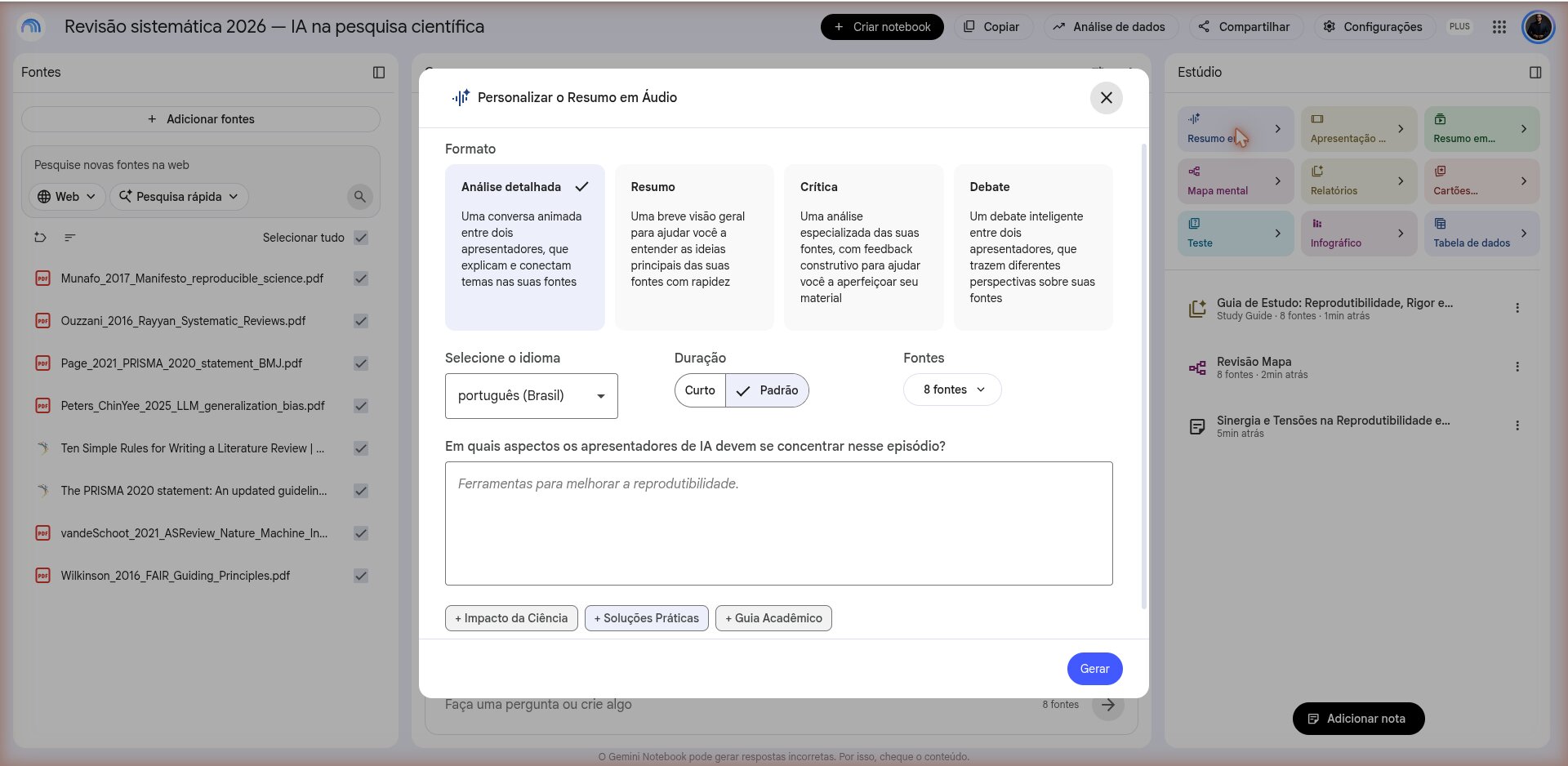 Opções de geração do Resumo em Áudio com formato, idioma e o botão de personalizar
