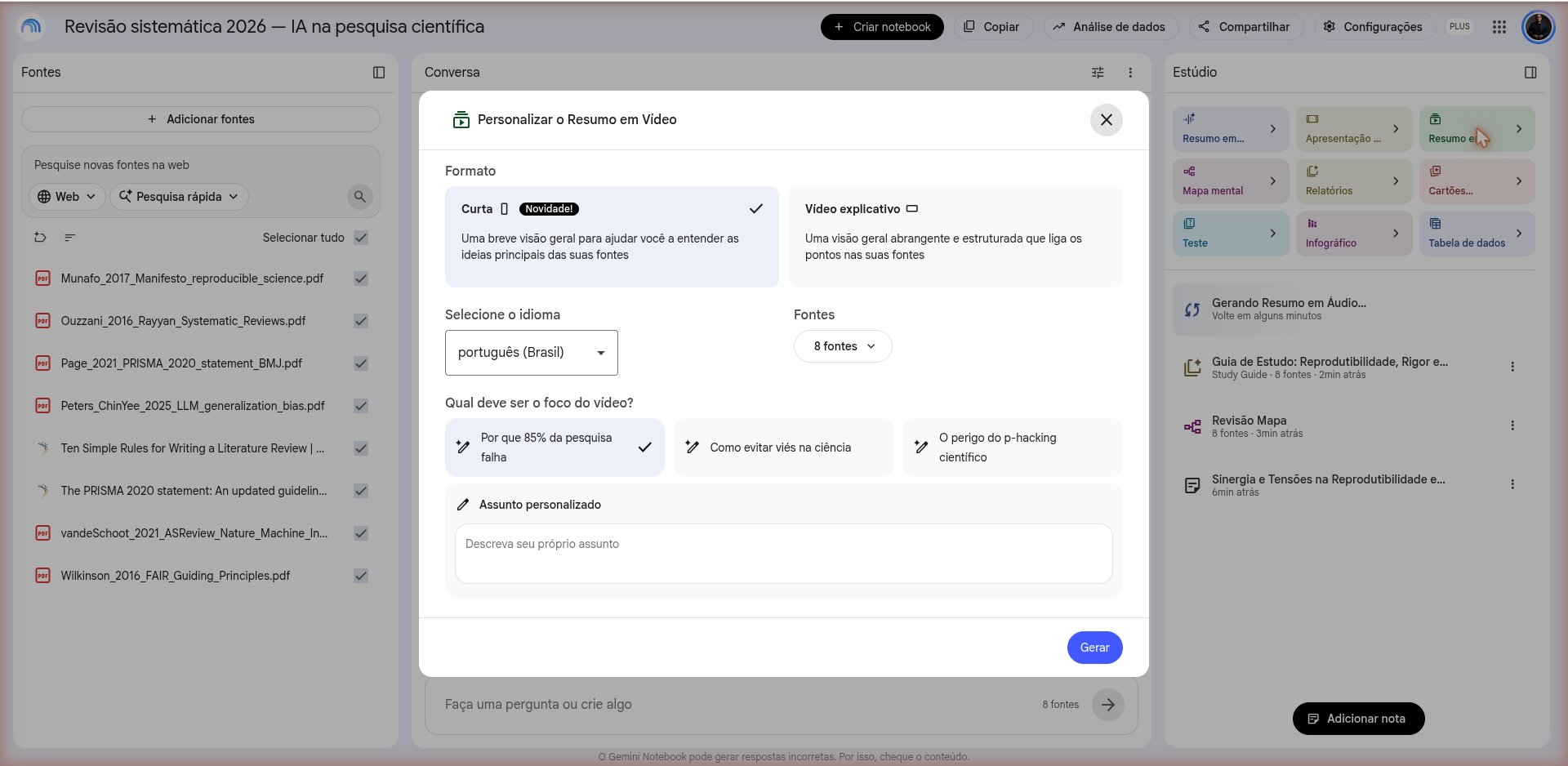 Opções do Resumo em Vídeo com os formatos e os estilos visuais