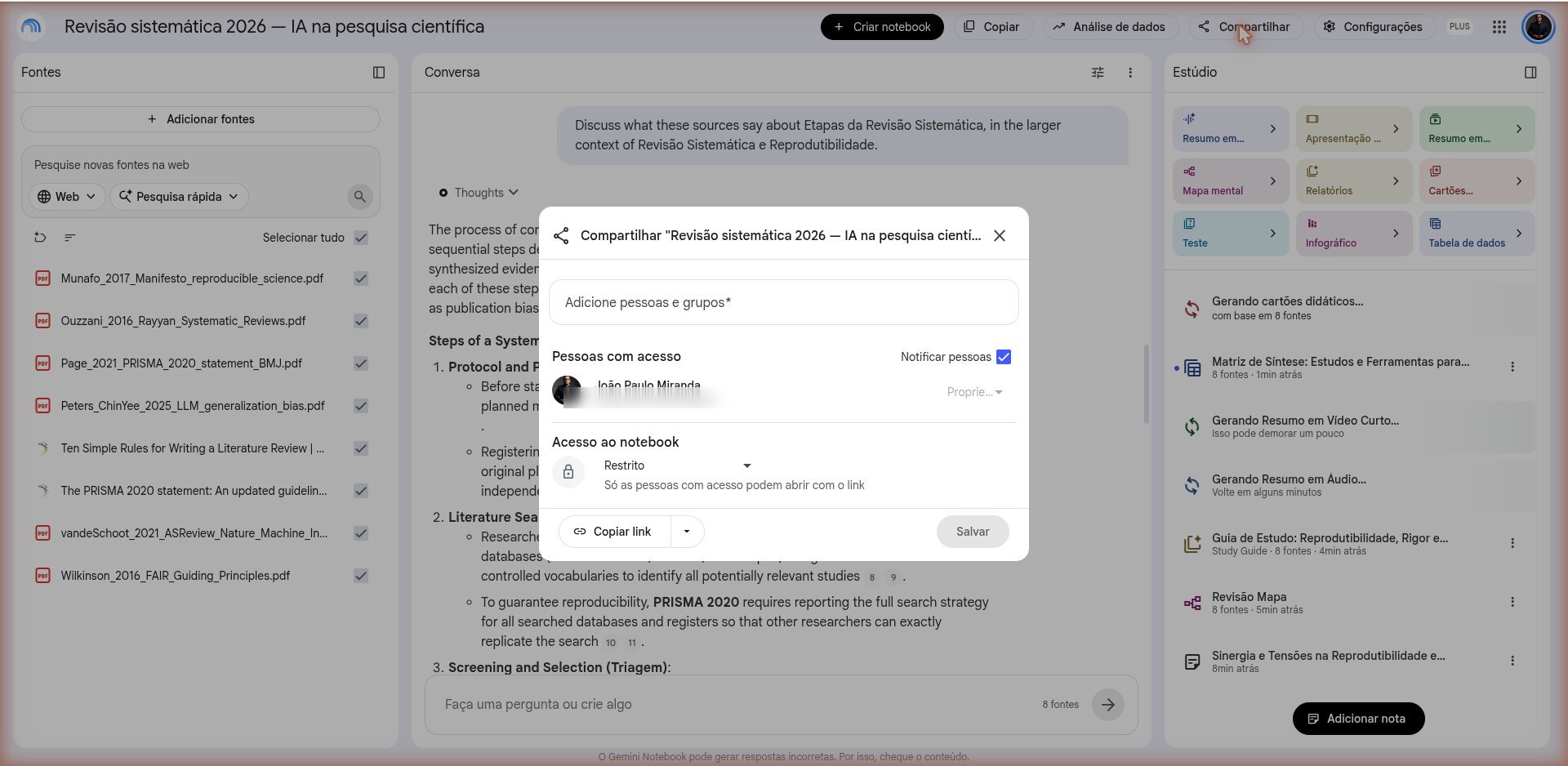 Diálogo Compartilhar com o campo de e-mail, os papéis Leitor e Editor e a opção de acesso pelo link