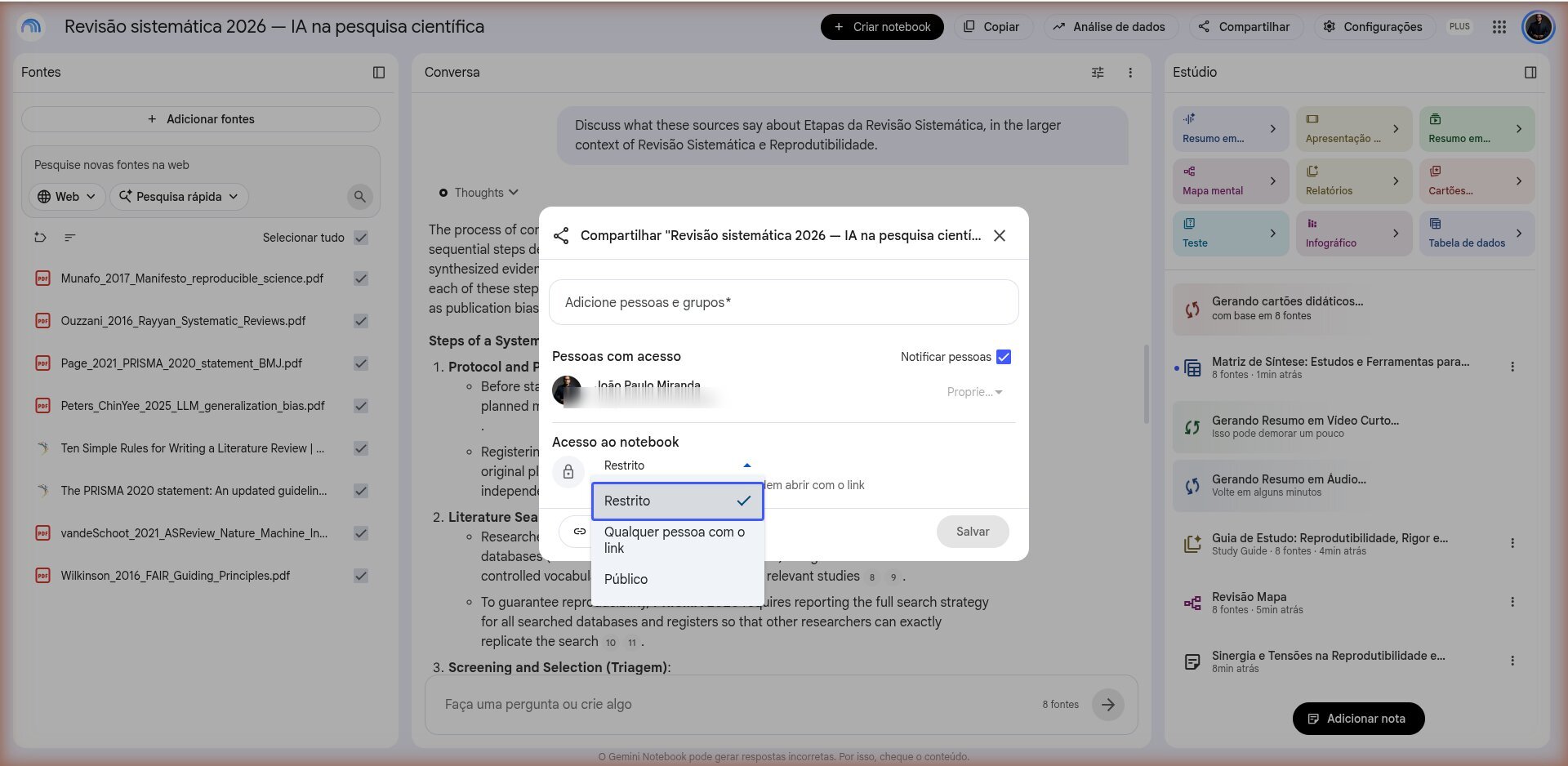 Menu de acesso ao notebook com Restrito, Qualquer pessoa com o link e Público