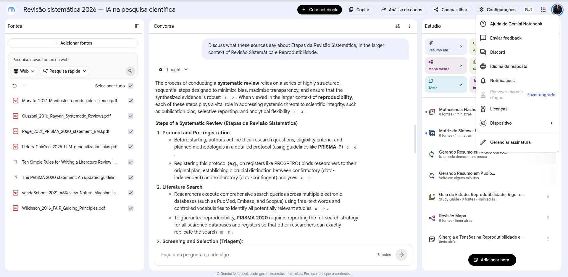 Painel de Configurações do Gemini Notebook
