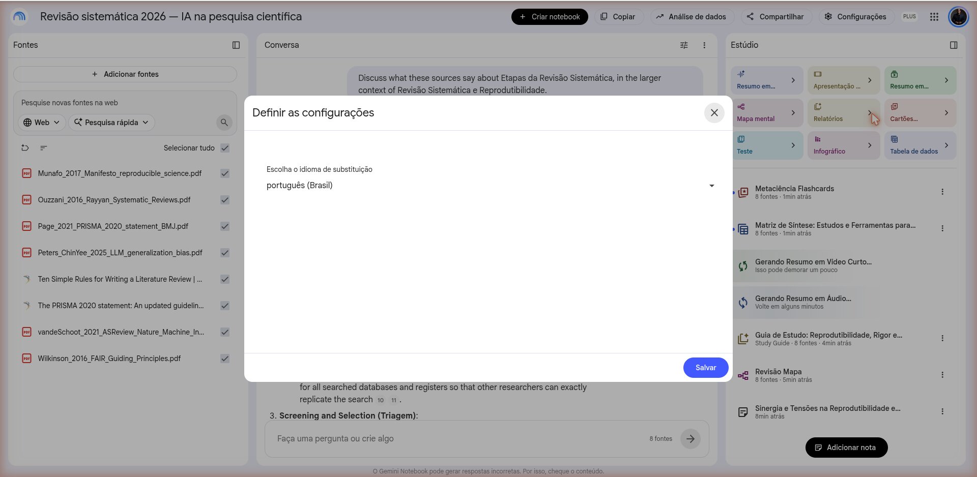 Diálogo Definir as configurações com o idioma de substituição