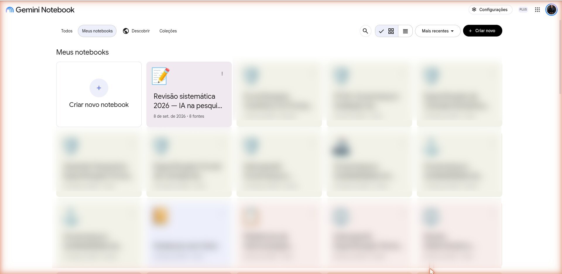 Aba Meus notebooks com a lista de notebooks criados