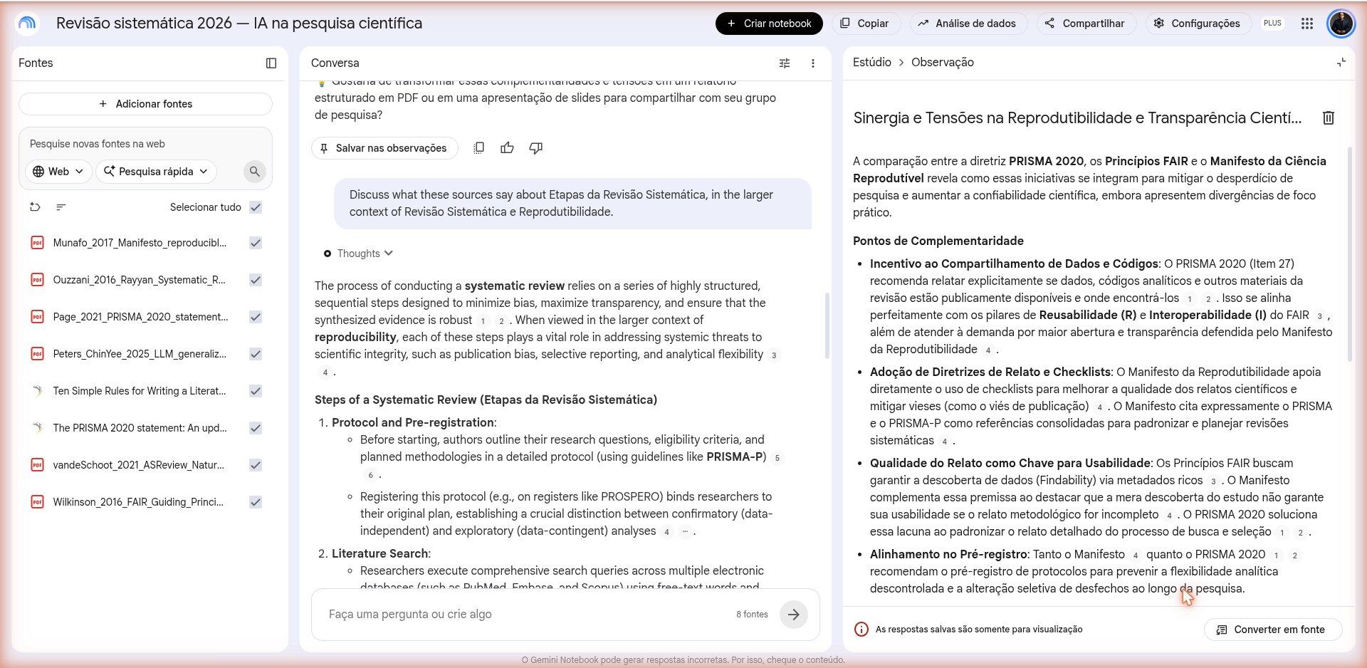 Lista de notas no Estúdio com a opção de exportar para o Google Docs